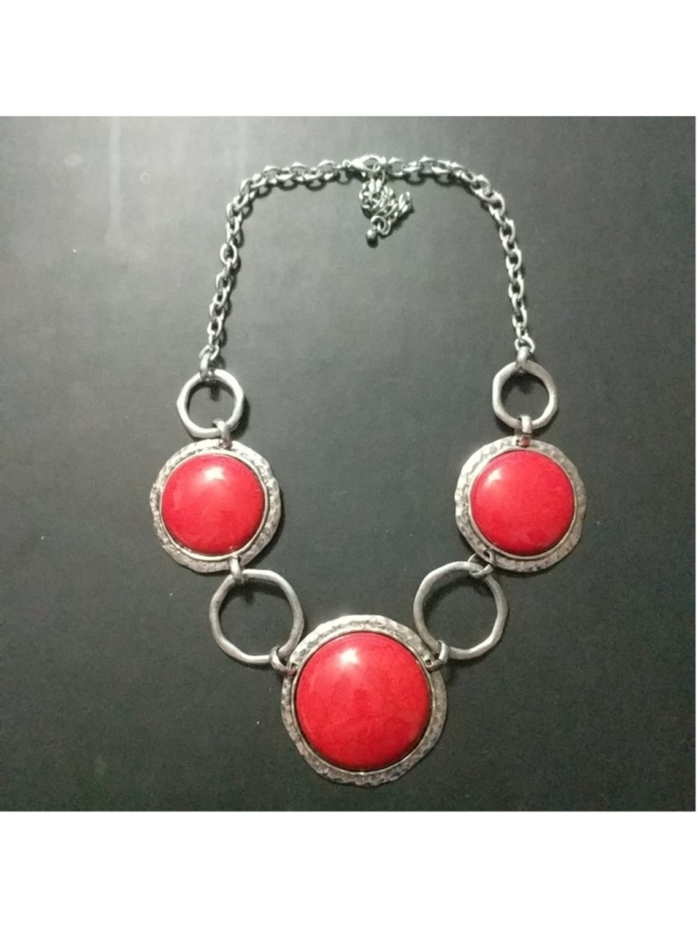 Silver Tone Red Crackle Disc Chain Statement Necklace